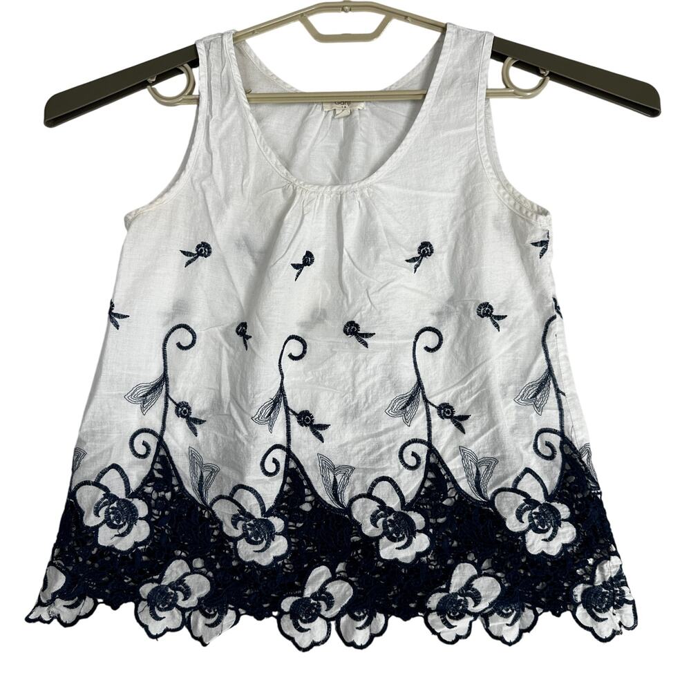 Ganji Tank Top Womens Size S Blue White Floral Sleeveless 100% Cotton STAIN